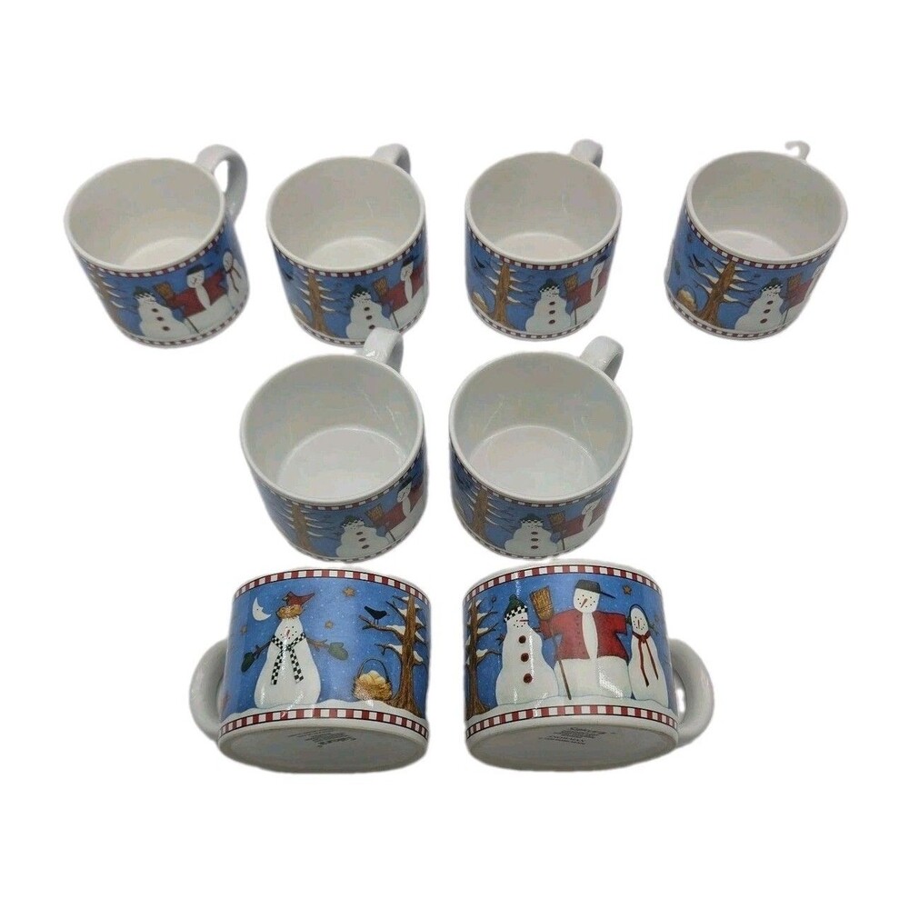 Sakura Snowman Cups Coffee Tea 2.5" Blue Set of 8 Debbie Mumm 1998 Christmas